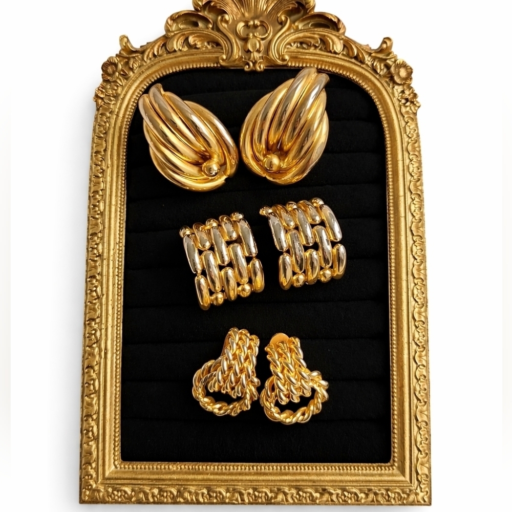 Vintage Gold Tone Clip-On Earrings Lot of 3 | 80s Designer Style